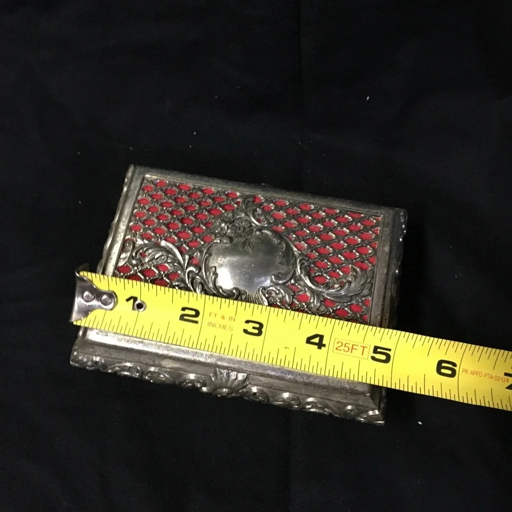 VTG Footed Metal Jewelry Trinket Box Silver Tone Filigree Red Velvet Lined Japan